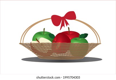 Red and green apples in basket on white background. Vector illustration