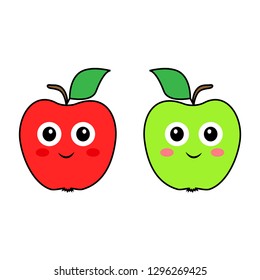 Red and green apples with eyes cartoon fruits set on a white background
