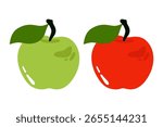 Red and green apples. Fresh fruit with leaves and seeds, sweet ripe dessert ingredient, smooth juicy apple flat cartoon style, vegetarian healthy food. Vector abstract set.