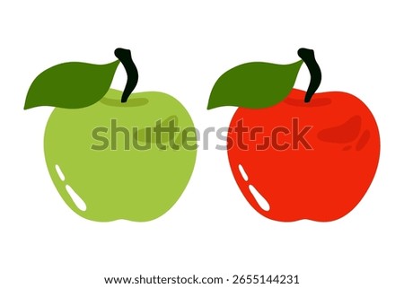 Red and green apples. Fresh fruit with leaves and seeds, sweet ripe dessert ingredient, smooth juicy apple flat cartoon style, vegetarian healthy food. Vector abstract set.