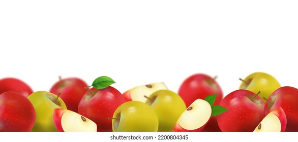 Red green apples horizontal banner. Apple fruits lying on white background. 3D vector realistic