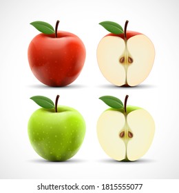manzanas rojas y verdes aisladas en un fondo blanco. Corta fruta madura. Ilustración vectorial realista.