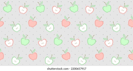 Red and green apples with a leaf on a gray polka dots background. Fruit. Vector seamless pattern for surface texture, wrapping paper, packaging, cover, country fair, farm market, food store and print