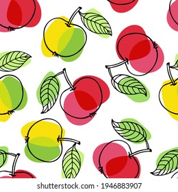 Red and green apples with leaf sketch seamless pattern. Bright summer fruit. Outline vector illustration. Organic food eco template for menu, jam or juice label, textile, wallpaper. Apple on white