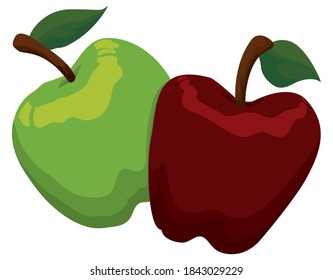 Red and green apples with peduncle and leaves, isolated over white background.