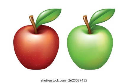Red and green apples. Vector 3d clipart isolated on white background.