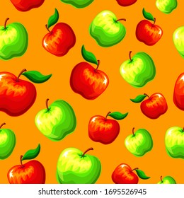 Red and green apples vector pattern on orange background, seamless illustration. Suitable for packaging paper, Wallpaper, printing on fabric, clothing, textile, notebook and website design, gifts.