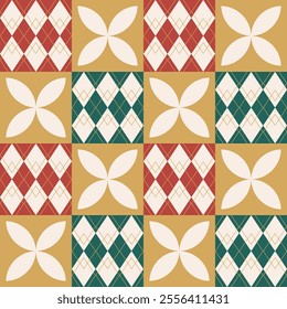 Red and green Argyle with golden flower checkered. Seamless pattern for wrapping paper, wallpaper and decoration.