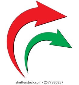 Red and Green arrow icon isolated on white background. Horizontal dual long straight , right and left side arrow signs. Arrow indicated the direction symbol. Curved and straight arrow icon vector.