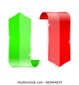 Red and green arrows. 3d shiny icons with transparent shadow. Vector illustration isolated on white background