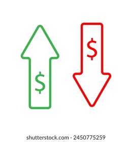 flechas rojas y verdes. Flecha verde hacia arriba. Flecha abajo roja. Ilustración vectorial. Imagen de stock.