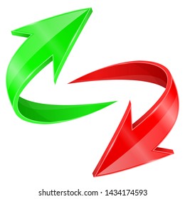 Red and green arrows in circular motion. Vector 3d illustration isolated on white background