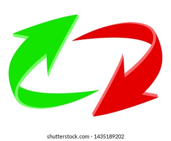 Red and green arrows in circular motion. Vector 3d illustration isolated on white background