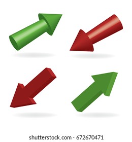 red and green arrows - up and down concept, 3d 