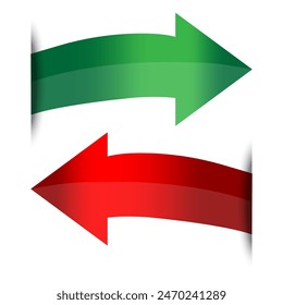 Flechas rojas y verdes. Relleno degradado. Direcciones opuestas. Ilustración vectorial.