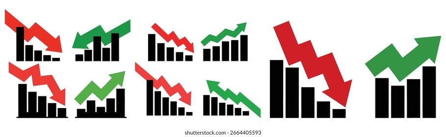 Red and green arrows over bar charts showing decline and growth