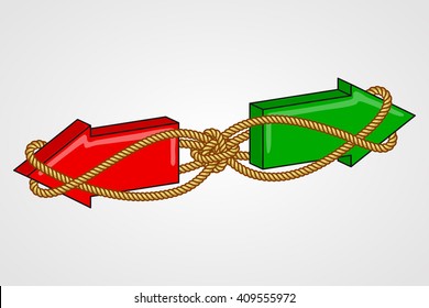 Red and green arrows pointing in opposite directions, bound with rope. Interconnection of alternatives, interdependence of opposing action