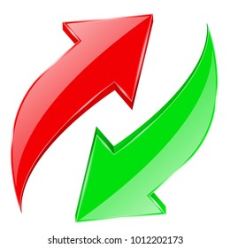 Red and green arrows set. Shiny 3d web icons in circular motion. Recycle symbol. Vector 3d illustration isolated on white background