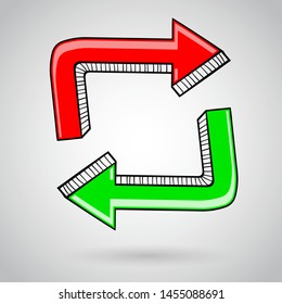 Red and green arrows in square shape. Doodle style. Vector illustration