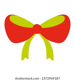 Red and Green baby bow tie icon. Flat illustration of color ribbon bow. Vector icon for web isolated on white. Birthday and Holiday Decoration, Design element. Cute and Festive art.	