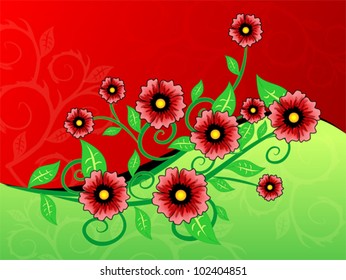 Red and green background with flowers