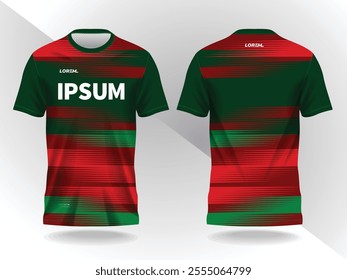 red and green background shirt sport jersey mockup template design for soccer, football, racing, gaming, motocross, cycling, and running 