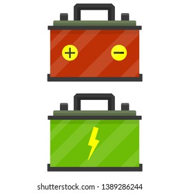 Red And Green Battery. Set Of Rechargeable Accumulator Power Supply. Electricity In The Car. Energy Reserve. Terminals For The Wires. Plus And Minus Auto Contact. Cartoon Flat Illustration