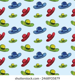 Red and green beach hats seamless vector pattern