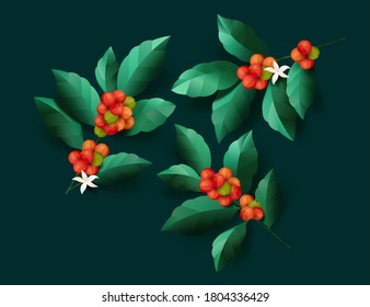 Red and green bean coffee fruit with leaves in paper art