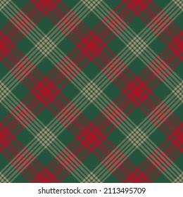 Red, Green And Beige Argyle Tartan Plaid. Scottish Pattern Fabric Swatch Close-up. 