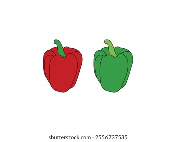 Red and Green Bell Pepper Vector Logo Icon – Flat Capsicum Illustration. Fresh Red and Green Bell Pepper Clipart Design, Perfect Capsicum Vector Art on a White Background for Branding or Prints.