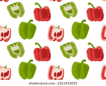 Red, green bell peppers whole and cut in half. Seamless pattern in vector. Isolated figures. Natural product. Useful vegetables.