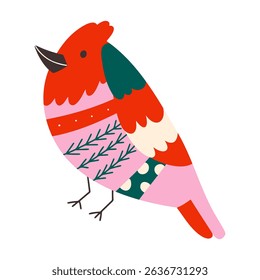 Red and green bird with christmas patterns. Vector illustration