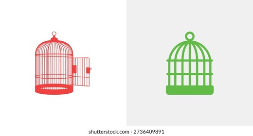 Red and green birdcages with one door open bird cage