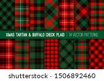 
Red Green Black Christmas Tartan and Buffalo Check Plaid Vector Patterns. Rustic Xmas Backgrounds. Lumberjack Style Flannel Shirt Fabric Textures. Pattern Tile Swatches Included.