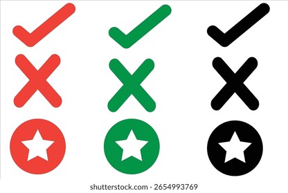 Ícones vermelho, verde e preto definidos com marcas de seleção, cruzes e estrelas em um plano de fundo branco para avaliação, comentários, indicadores de status ou designs de interface de aprovação.