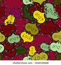 Red, green and black Vector illustration. Seamless pattern with Ethnic Hearts, in retro 80s style for fabric print, paper print and website backdrop. Valentines Day.
