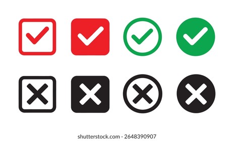 Vermelho Verde Preto Branco Marca de Seleção Cruz Ícones Quadrados Círculo Símbolos Definido U I X Elementos de Design