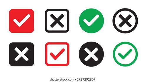 Vermelho Verde Preto Branco Marca de Seleção Cruz Ícones Quadrados Círculo Símbolos Definido U I X Elementos de Design