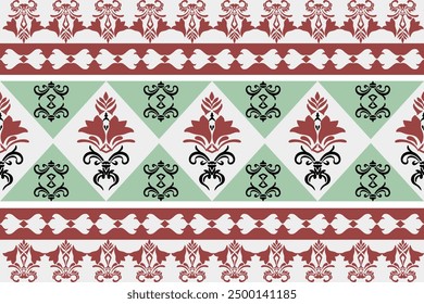 Red, green, black, and white classic damask pattern: vector illustration for elegant textile design, carpet, curtains, and clothing.