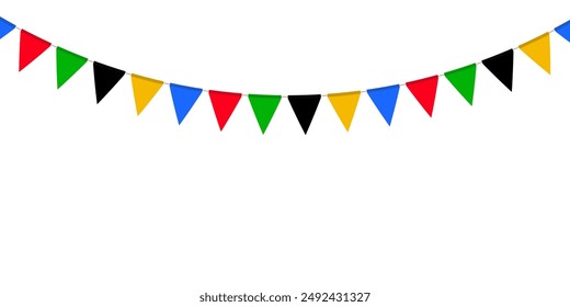 Red, green, black, yellow and blue flag garland. Triangle pennants chain. Party decoration. Celebration flags for decor. Vector illustration  