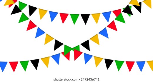 Guirnalda de bandera roja, verde, negra, amarilla y azul. Cadena de banderines de triángulo. Decoración de fiesta. Banderas de celebración para la decoración. Ilustración vectorial  