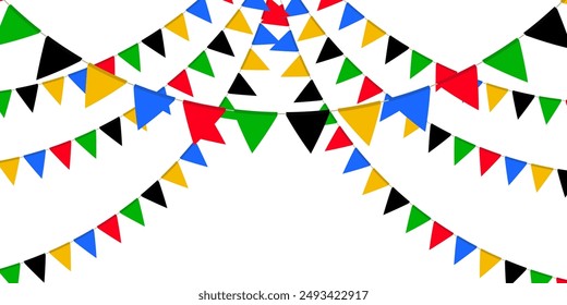 Guirnalda de bandera roja, verde, negra, amarilla y azul. Cadena de banderines de triángulo. Decoración de fiesta. Banderas de celebración para la decoración. Ilustración vectorial  