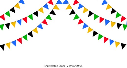 Guirnalda de bandera roja, verde, negra, amarilla y azul. Cadena de banderines triangulares. Decoración de fiesta. Banderas de celebración para decoración. Ilustración vectorial  