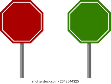 Red and Green Blank Stop Traffic Octagon Sign or Adblock or Do Not Enter or Forbidden Icon Set with Pole. Vector Image.