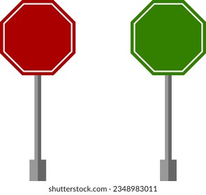 Red and Green Blank Stop Traffic Octagon Sign or Adblock or Do Not Enter or Forbidden Icon Set with Pole. Vector Image.