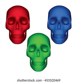 Red Green and Blue 3D Skulls on White. Low Poly Realistic Vector Illustration. Collection of Front View Skulls in RGB colors. 