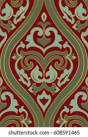 Red, green and blue abstract pattern. Seamless filigree ornament with arabesque. Colorful template for wallpaper, textile, shawl, carpet and any surface. 