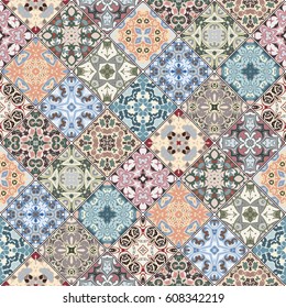 Red, green and blue abstract patterns in the mosaic set. Square scraps in oriental style. Vector illustration. Ideal for printing on fabric or paper.