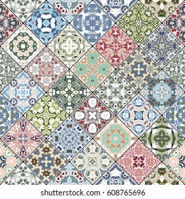 Red, green and blue abstract patterns in the mosaic set. Square scraps in oriental style. Vector illustration. Ideal for printing on fabric or paper.
